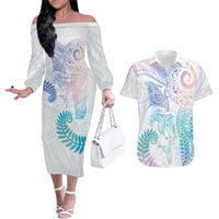 Aotearoa Maori Sea Animals Tribal Couples Matching Off The Shoulder Long Sleeve Dress and Hawaiian Shirt Manta Ray and Shark Moko Pattern Sweet Pastel LT03 Multicolor - Polynesian Pride
