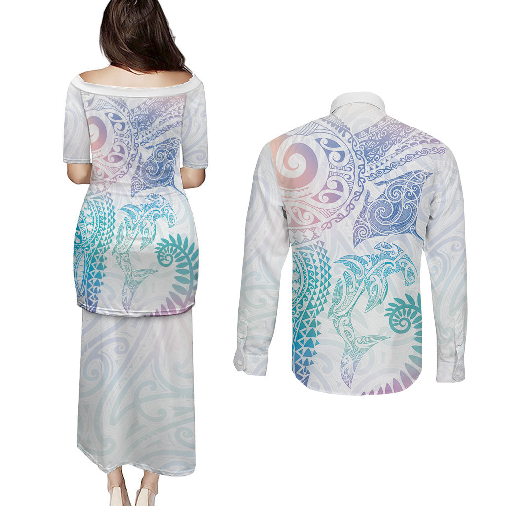 Aotearoa Maori Sea Animals Tribal Couples Matching Puletasi and Long Sleeve Button Shirt Manta Ray and Shark Moko Pattern Sweet Pastel LT03 - Polynesian Pride