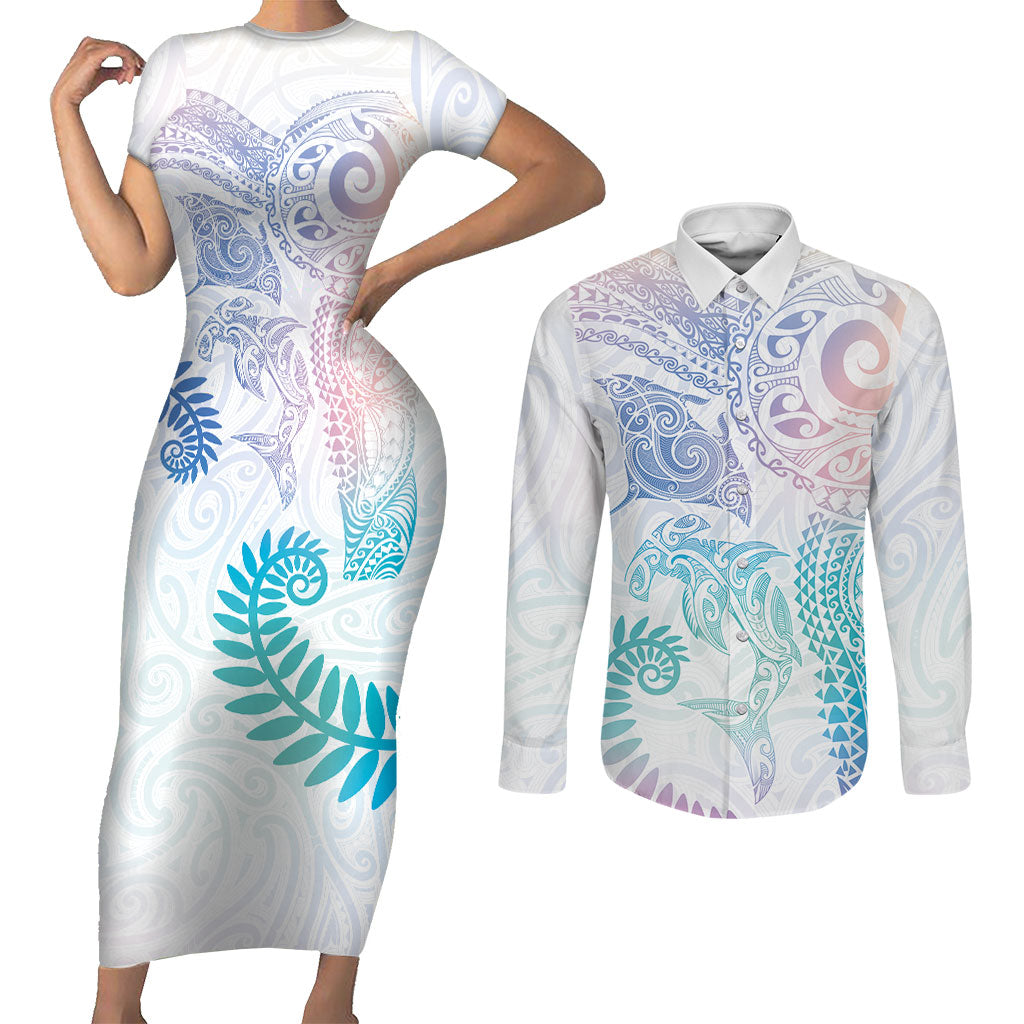 Aotearoa Maori Sea Animals Tribal Couples Matching Short Sleeve Bodycon Dress and Long Sleeve Button Shirt Manta Ray and Shark Moko Pattern Sweet Pastel LT03 Multicolor - Polynesian Pride