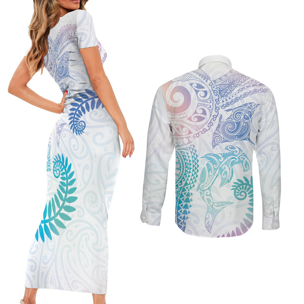 Aotearoa Maori Sea Animals Tribal Couples Matching Short Sleeve Bodycon Dress and Long Sleeve Button Shirt Manta Ray and Shark Moko Pattern Sweet Pastel LT03 - Polynesian Pride