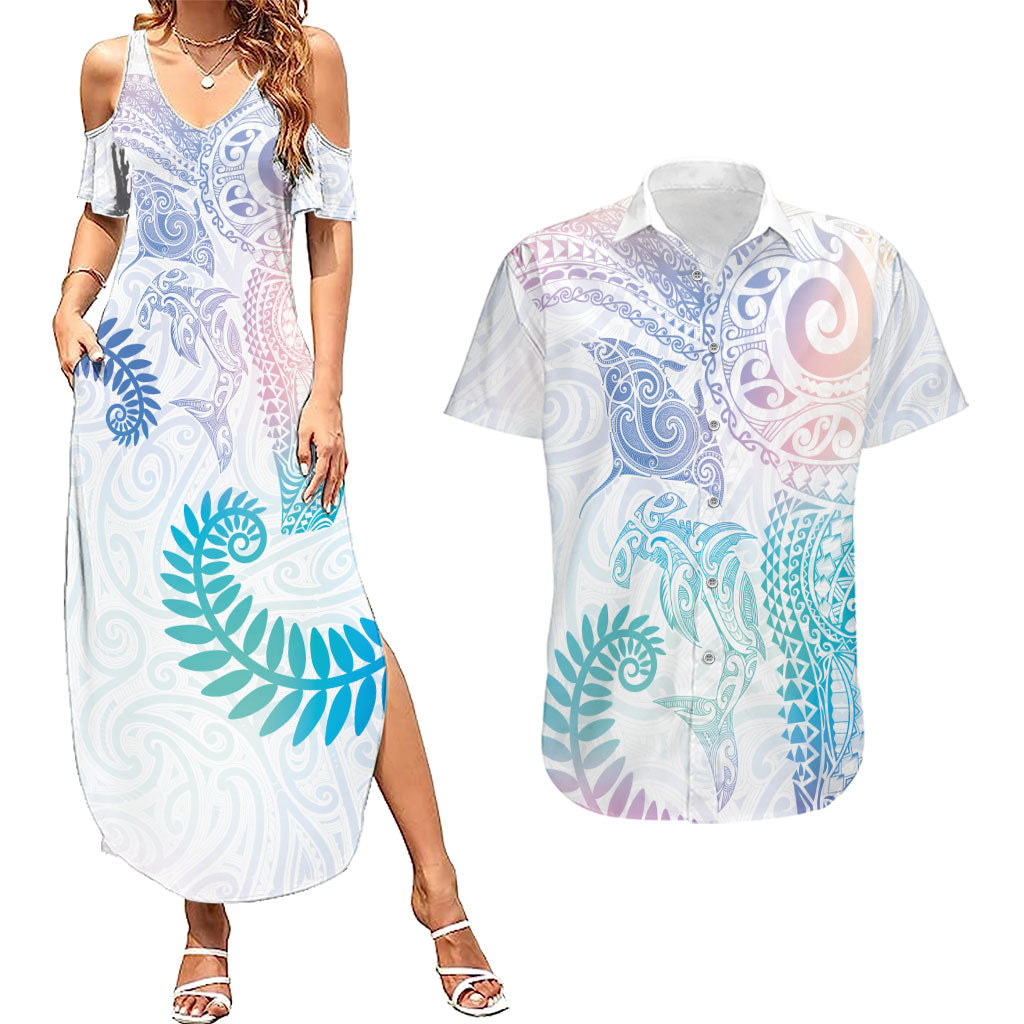 Aotearoa Maori Sea Animals Tribal Couples Matching Summer Maxi Dress and Hawaiian Shirt Manta Ray and Shark Moko Pattern Sweet Pastel LT03 Multicolor - Polynesian Pride