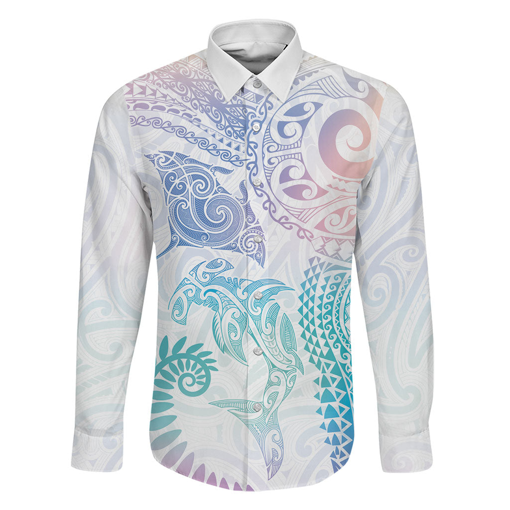 Aotearoa Maori Sea Animals Tribal Family Matching Long Sleeve Bodycon Dress and Hawaiian Shirt Manta Ray and Shark Moko Pattern Sweet Pastel LT03 Dad's Shirt - Long Sleeve Multicolor - Polynesian Pride