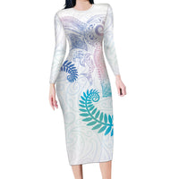 Aotearoa Maori Sea Animals Tribal Family Matching Long Sleeve Bodycon Dress and Hawaiian Shirt Manta Ray and Shark Moko Pattern Sweet Pastel LT03 Mom's Dress Multicolor - Polynesian Pride