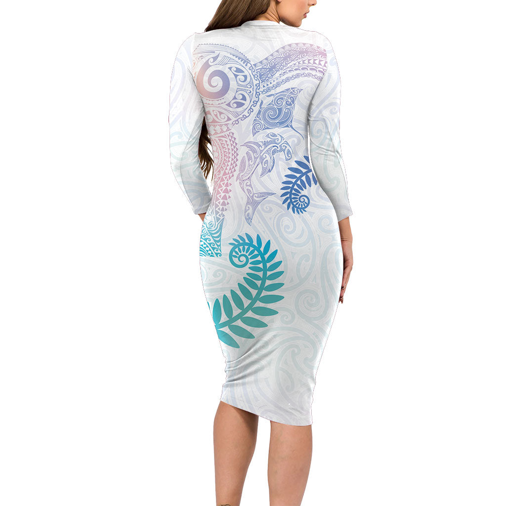 Aotearoa Maori Sea Animals Tribal Family Matching Long Sleeve Bodycon Dress and Hawaiian Shirt Manta Ray and Shark Moko Pattern Sweet Pastel LT03 - Polynesian Pride