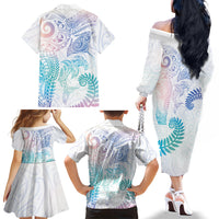 Aotearoa Maori Sea Animals Tribal Family Matching Off The Shoulder Long Sleeve Dress and Hawaiian Shirt Manta Ray and Shark Moko Pattern Sweet Pastel LT03 - Polynesian Pride