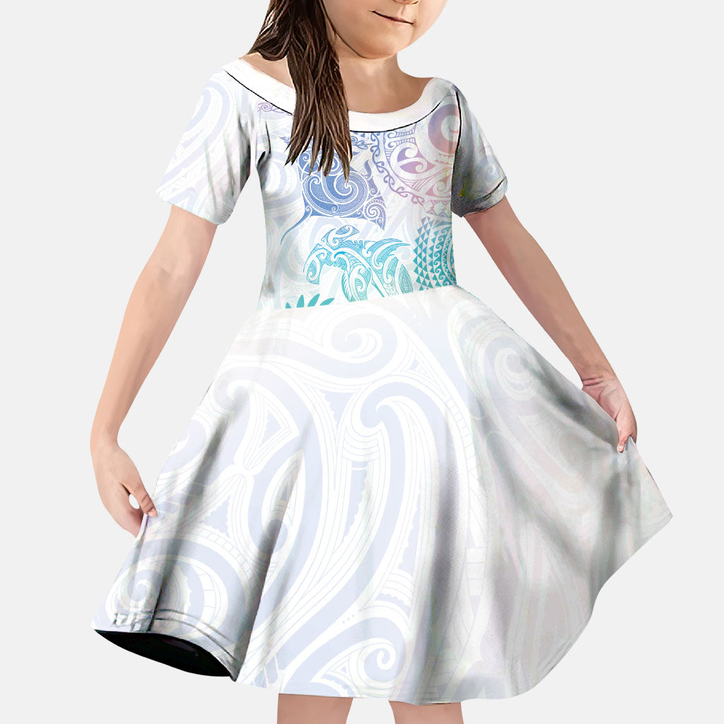 Aotearoa Maori Sea Animals Tribal Family Matching Off Shoulder Maxi Dress and Hawaiian Shirt Manta Ray and Shark Moko Pattern Sweet Pastel LT03 Daughter's Dress Multicolor - Polynesian Pride