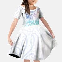 Aotearoa Maori Sea Animals Tribal Family Matching Puletasi and Hawaiian Shirt Manta Ray and Shark Moko Pattern Sweet Pastel LT03 Daughter's Dress Multicolor - Polynesian Pride