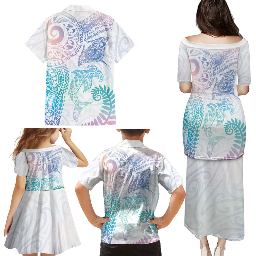 Aotearoa Maori Sea Animals Tribal Family Matching Puletasi and Hawaiian Shirt Manta Ray and Shark Moko Pattern Sweet Pastel LT03 - Polynesian Pride