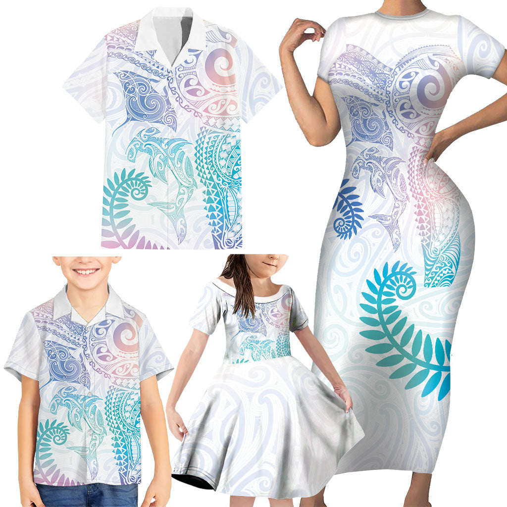 Aotearoa Maori Sea Animals Tribal Family Matching Short Sleeve Bodycon Dress and Hawaiian Shirt Manta Ray and Shark Moko Pattern Sweet Pastel