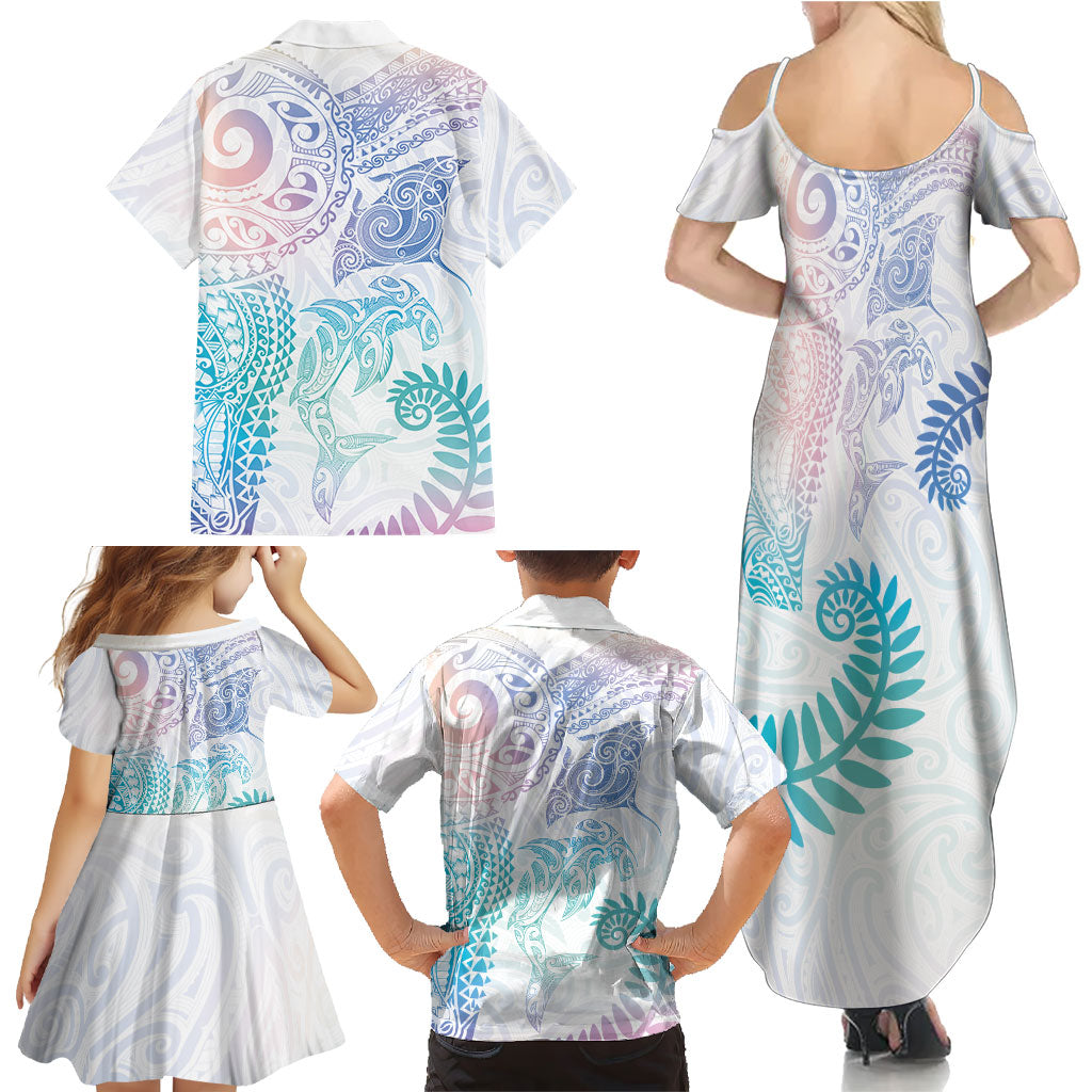 Aotearoa Maori Sea Animals Tribal Family Matching Summer Maxi Dress and Hawaiian Shirt Manta Ray and Shark Moko Pattern Sweet Pastel LT03 - Polynesian Pride