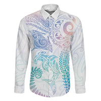 Aotearoa Maori Sea Animals Tribal Family Matching Tank Maxi Dress and Hawaiian Shirt Manta Ray and Shark Moko Pattern Sweet Pastel LT03 Dad's Shirt - Long Sleeve Multicolor - Polynesian Pride