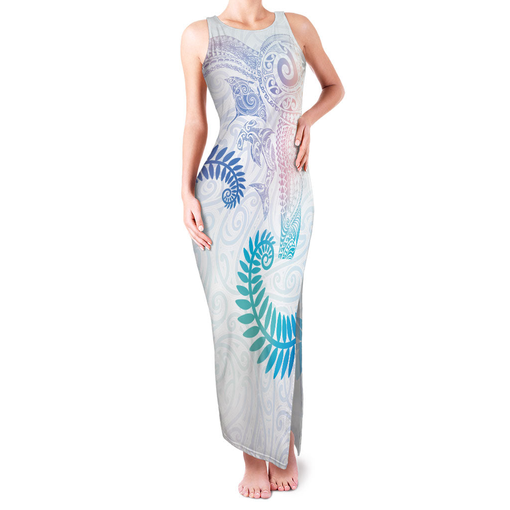 Aotearoa Maori Sea Animals Tribal Family Matching Tank Maxi Dress and Hawaiian Shirt Manta Ray and Shark Moko Pattern Sweet Pastel LT03 Mom's Dress Multicolor - Polynesian Pride