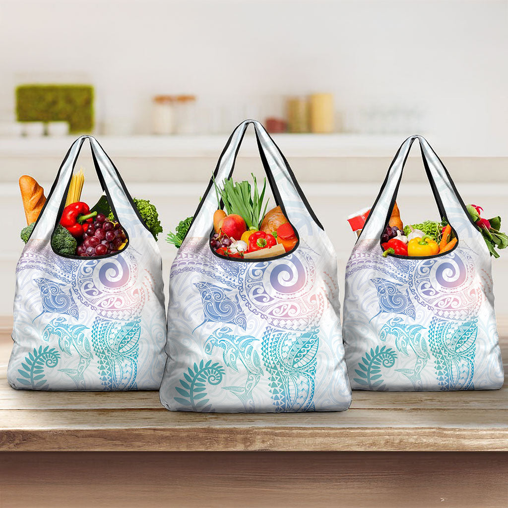 Aotearoa Maori Sea Animals Tribal Grocery Bag Manta Ray and Shark Moko Pattern Sweet Pastel LT03 3-pack One Size Multicolor - Polynesian Pride