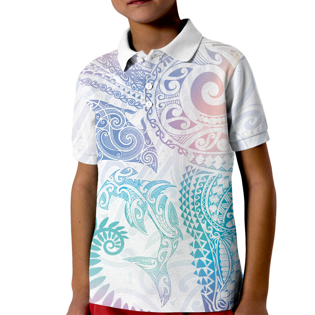 Aotearoa Maori Sea Animals Tribal Kid Polo Shirt Manta Ray and Shark Moko Pattern Sweet Pastel LT03 Kid Multicolor - Polynesian Pride