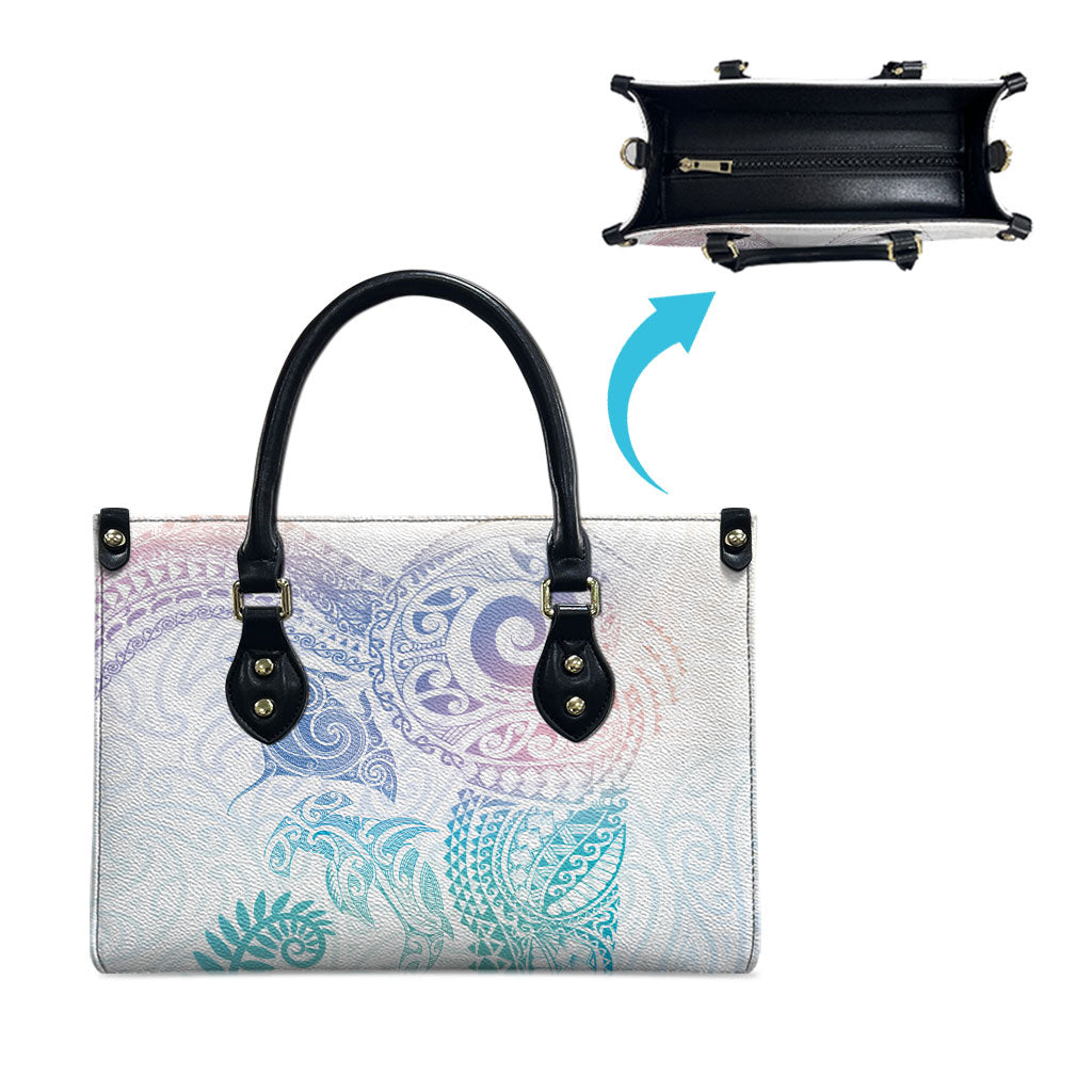 Aotearoa Maori Sea Animals Tribal Leather Bag Manta Ray and Shark Moko Pattern Sweet Pastel