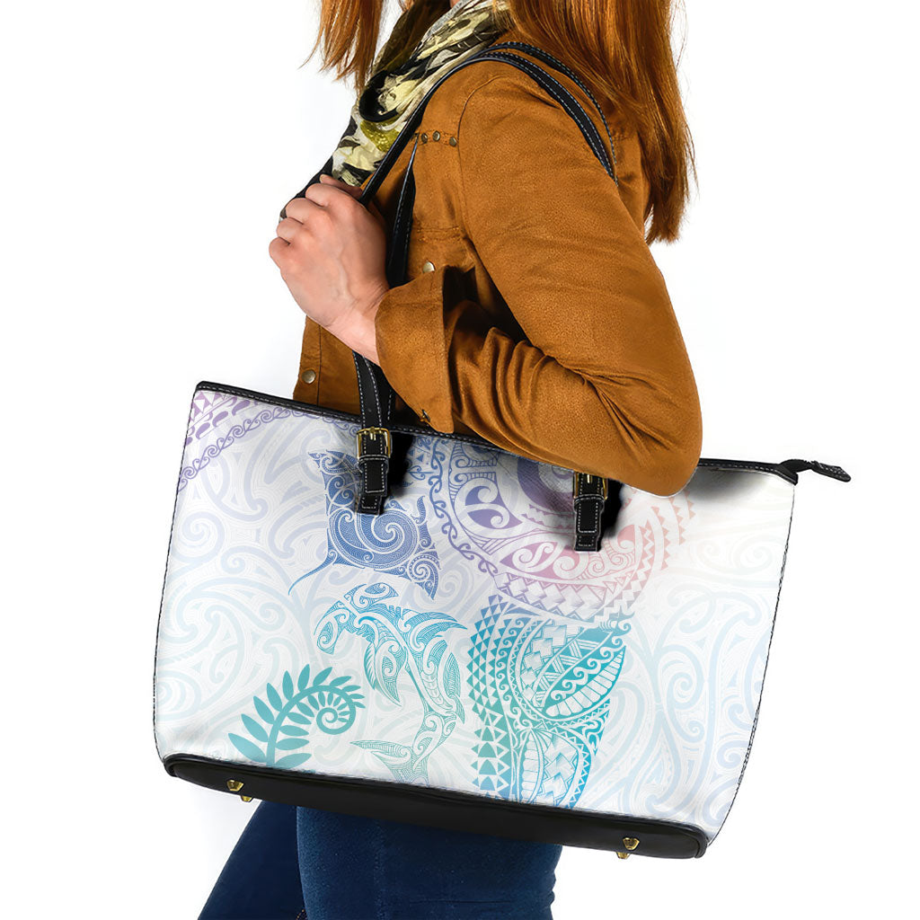 Aotearoa Maori Sea Animals Tribal Leather Tote Bag Manta Ray and Shark Moko Pattern Sweet Pastel LT03 Multicolor - Polynesian Pride
