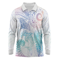 Aotearoa Maori Sea Animals Tribal Long Sleeve Polo Shirt Manta Ray and Shark Moko Pattern Sweet Pastel LT03 Multicolor - Polynesian Pride