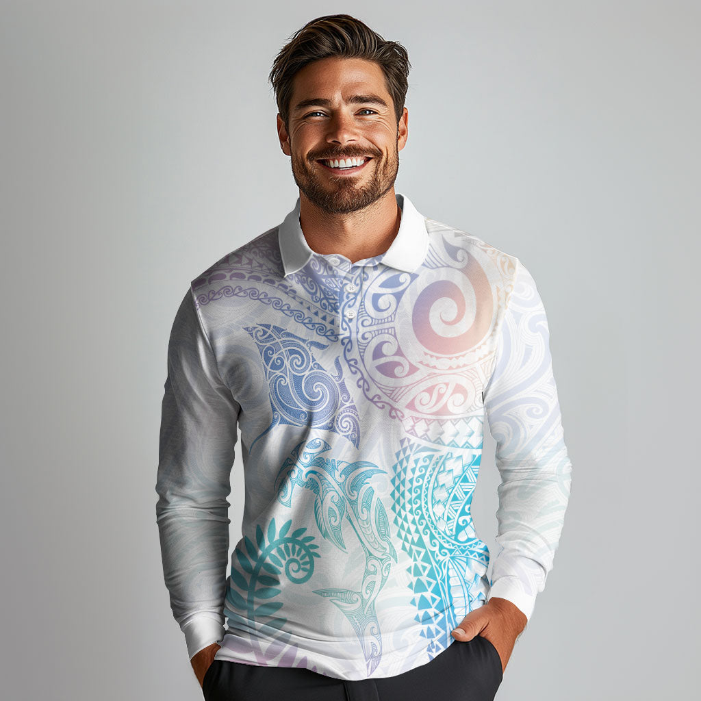 Aotearoa Maori Sea Animals Tribal Long Sleeve Polo Shirt Manta Ray and Shark Moko Pattern Sweet Pastel LT03 - Polynesian Pride