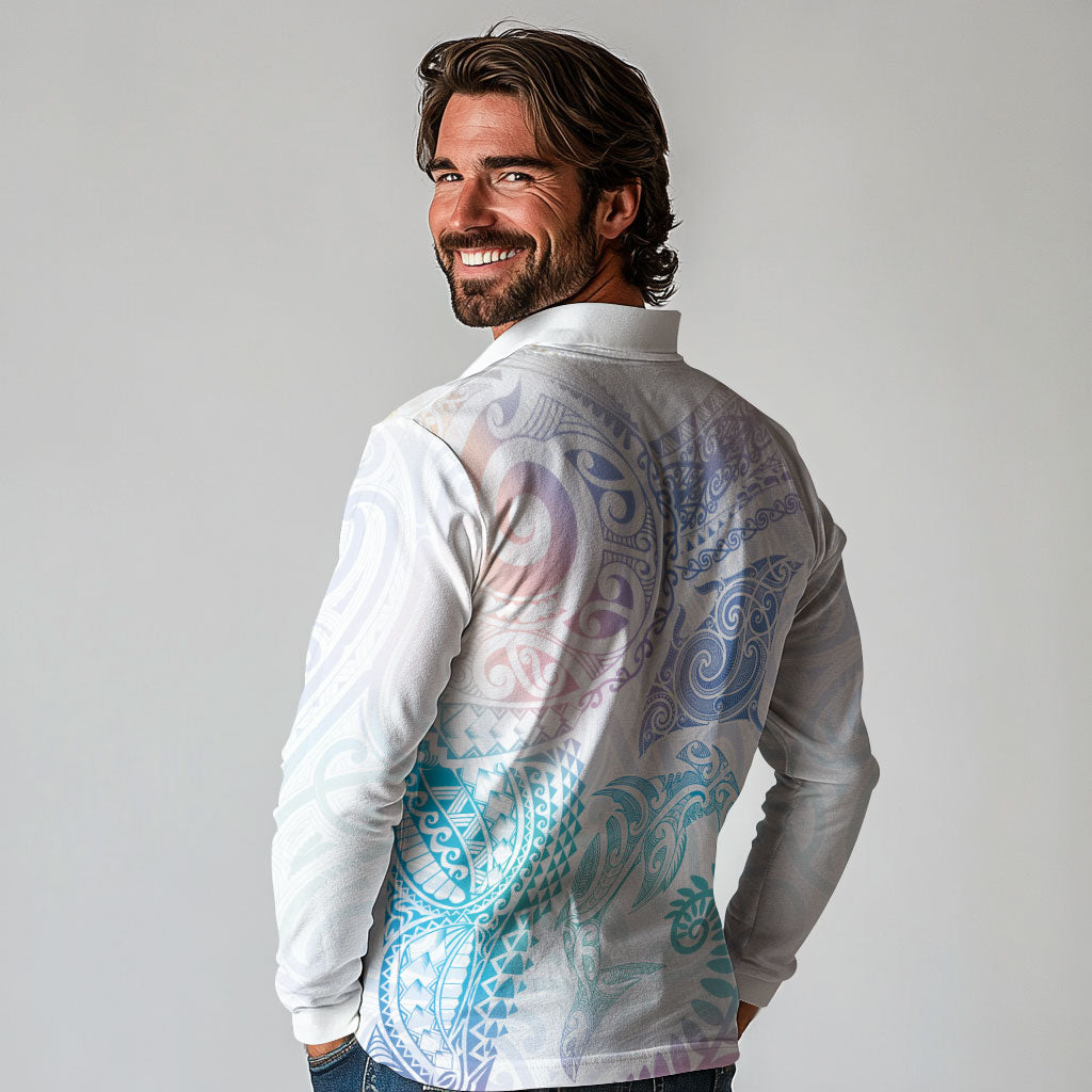 Aotearoa Maori Sea Animals Tribal Long Sleeve Polo Shirt Manta Ray and Shark Moko Pattern Sweet Pastel LT03 - Polynesian Pride