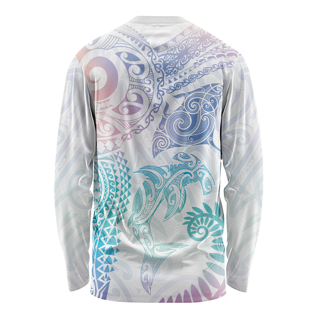 Aotearoa Maori Sea Animals Tribal Long Sleeve Shirt Manta Ray and Shark Moko Pattern Sweet Pastel LT03 - Polynesian Pride