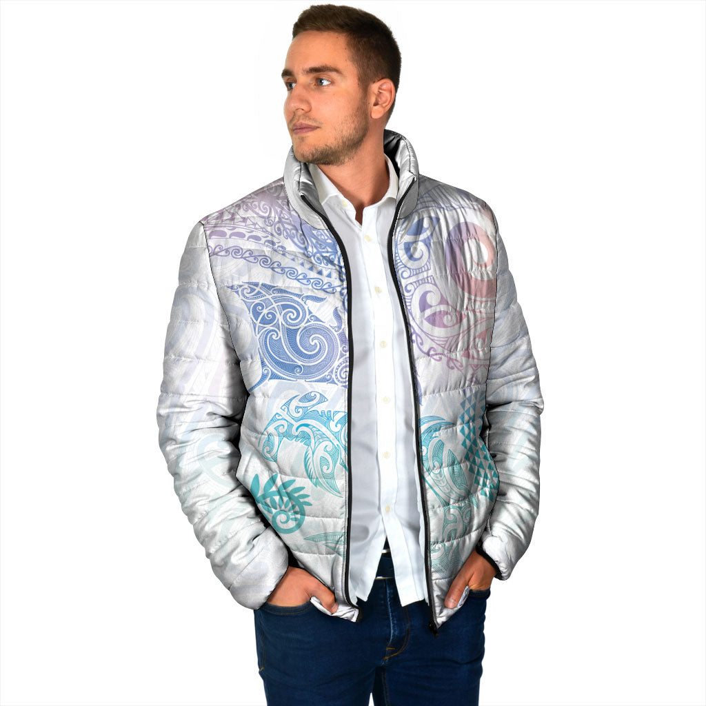 Aotearoa Maori Sea Animals Tribal Padded Jacket Manta Ray and Shark Moko Pattern Sweet Pastel