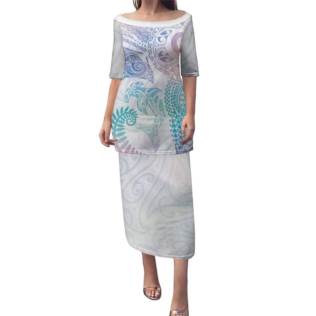 Aotearoa Maori Sea Animals Tribal Puletasi Manta Ray and Shark Moko Pattern Sweet Pastel LT03 Long Dress Multicolor - Polynesian Pride