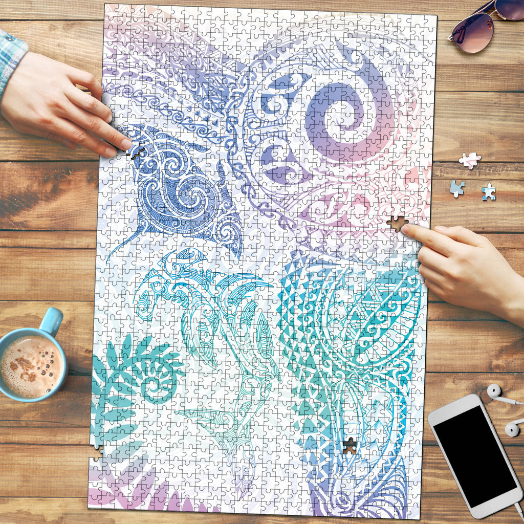 Aotearoa Maori Sea Animals Tribal Puzzle Manta Ray and Shark Moko Pattern Sweet Pastel LT03 Multicolor - Polynesian Pride