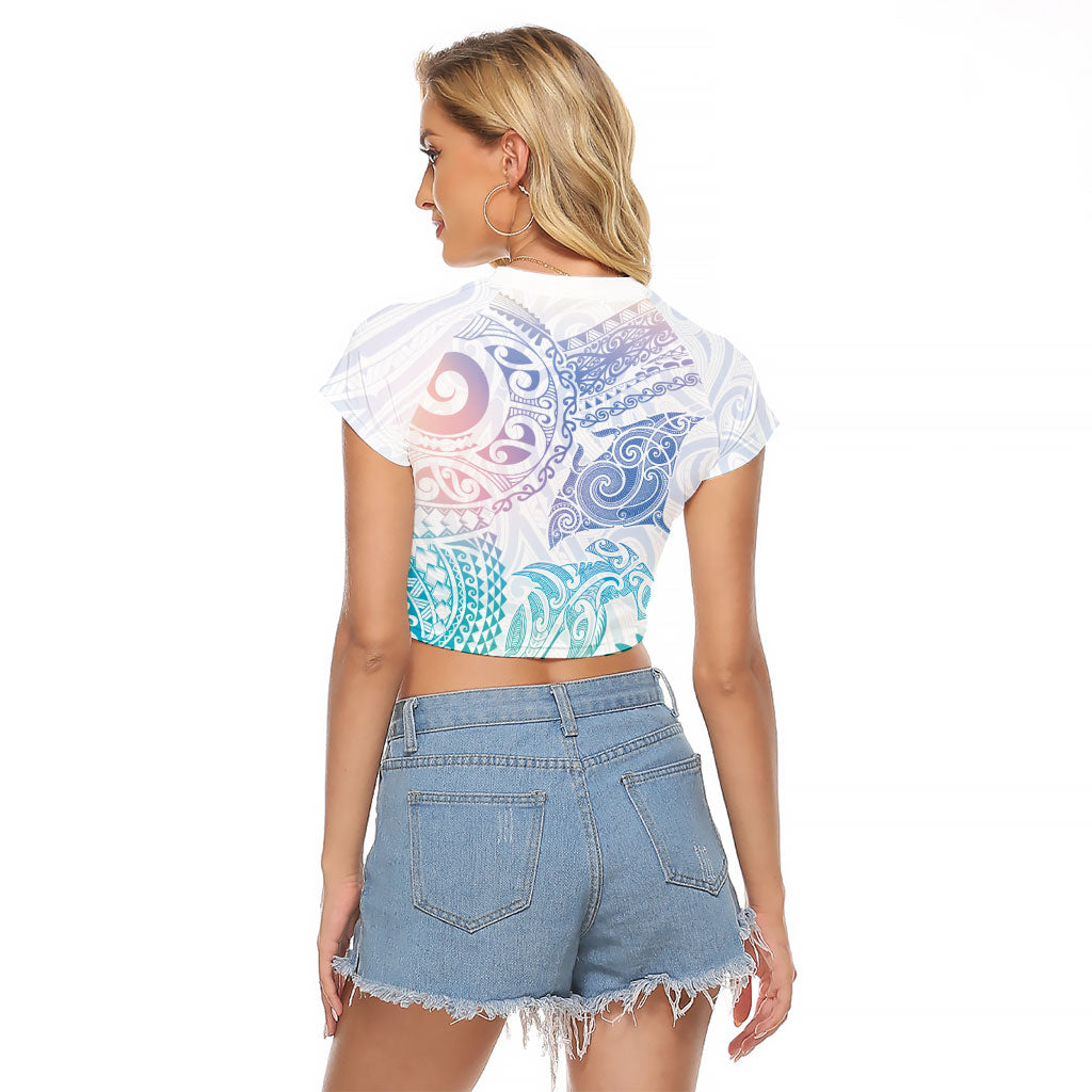 Aotearoa Maori Sea Animals Tribal Raglan Cropped T Shirt Manta Ray and Shark Moko Pattern Sweet Pastel LT03 - Polynesian Pride