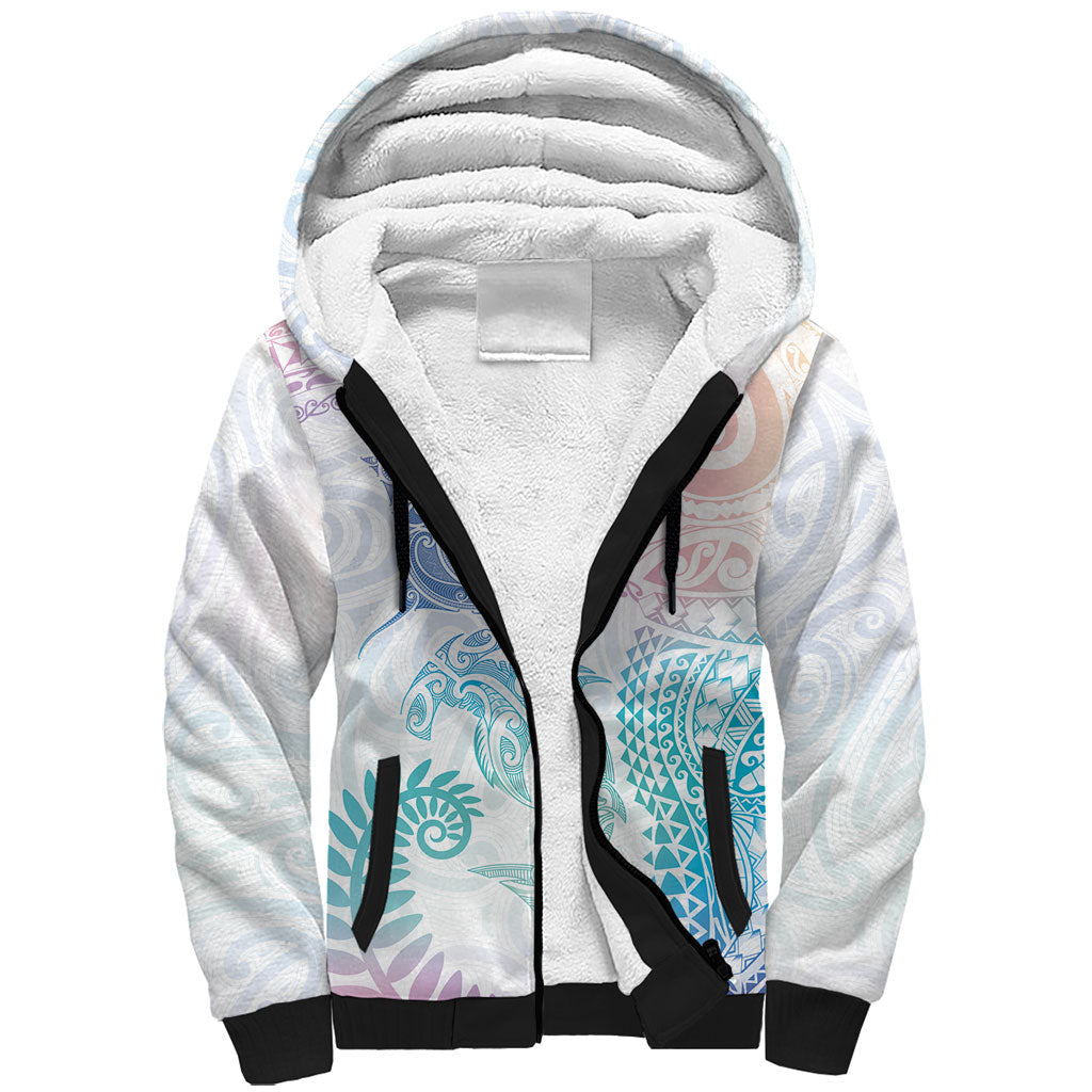 Aotearoa Maori Sea Animals Tribal Sherpa Hoodie Manta Ray and Shark Moko Pattern Sweet Pastel LT03 Unisex Multicolor - Polynesian Pride