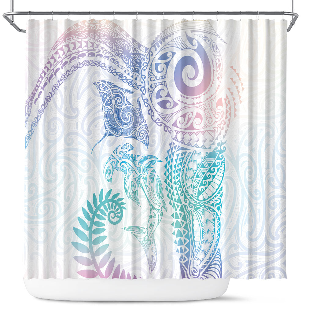 Aotearoa Maori Sea Animals Tribal Shower Curtain Manta Ray and Shark Moko Pattern Sweet Pastel LT03 Multicolor - Polynesian Pride