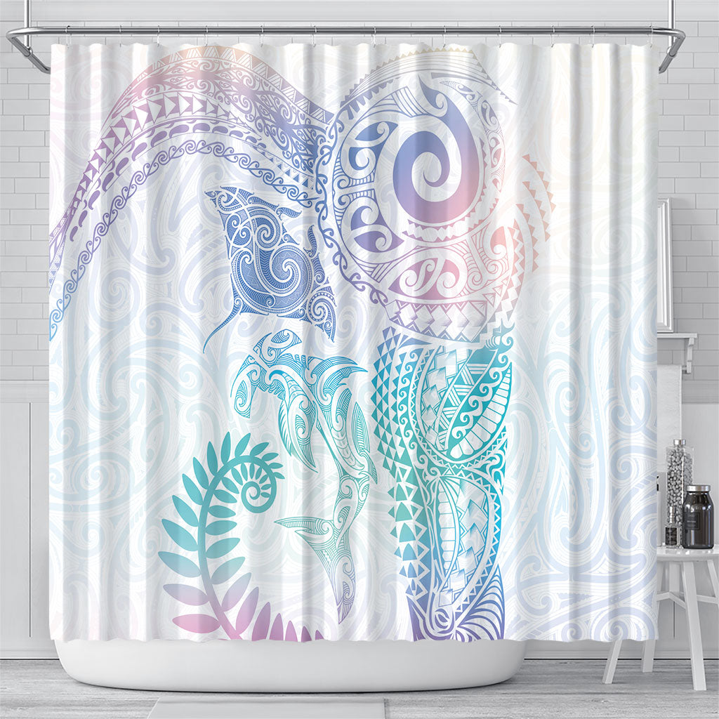 Aotearoa Maori Sea Animals Tribal Shower Curtain Manta Ray and Shark Moko Pattern Sweet Pastel LT03 - Polynesian Pride