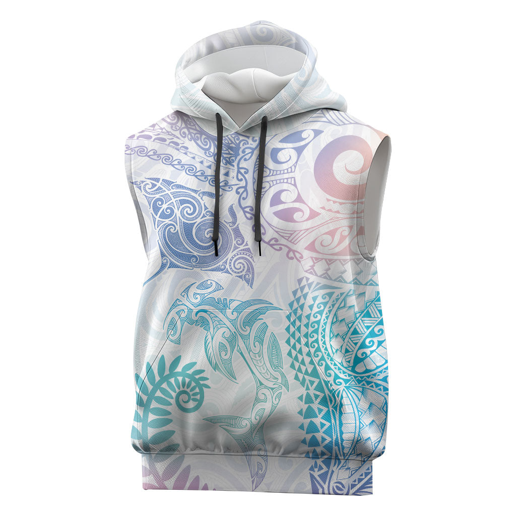 Aotearoa Maori Sea Animals Tribal Sleeveless Hoodie Manta Ray and Shark Moko Pattern Sweet Pastel LT03 Multicolor - Polynesian Pride