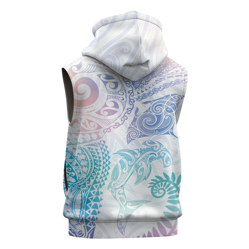 Aotearoa Maori Sea Animals Tribal Sleeveless Hoodie Manta Ray and Shark Moko Pattern Sweet Pastel LT03 - Polynesian Pride