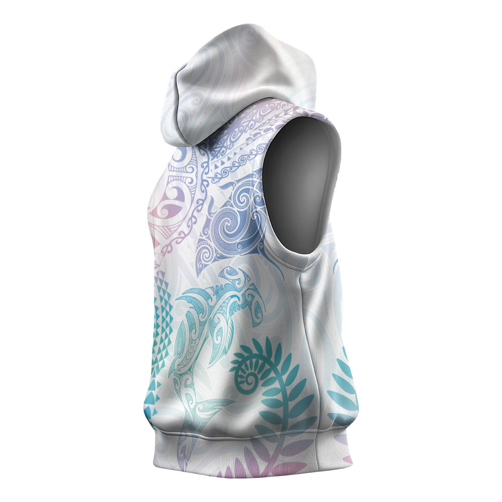 Aotearoa Maori Sea Animals Tribal Sleeveless Hoodie Manta Ray and Shark Moko Pattern Sweet Pastel LT03 - Polynesian Pride