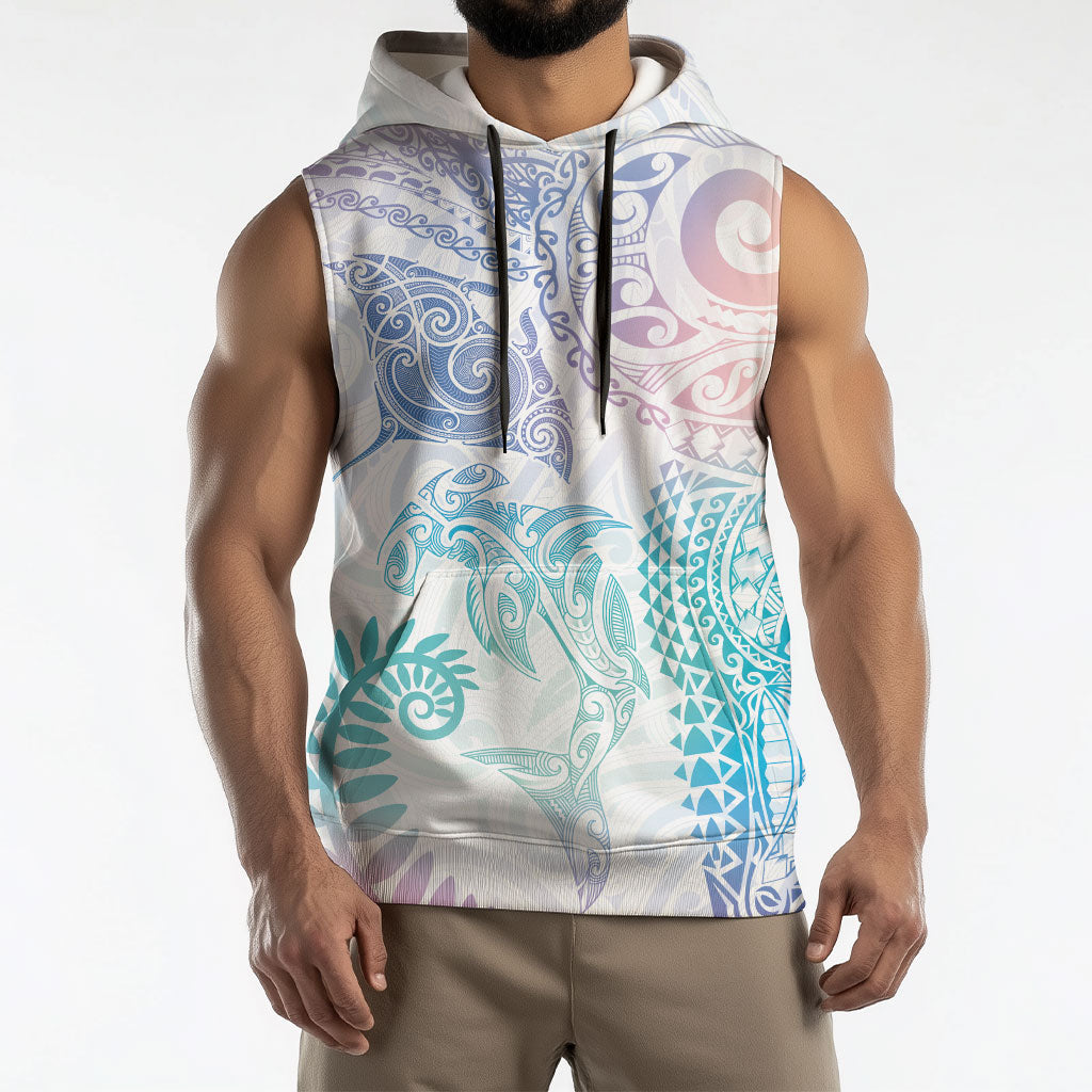 Aotearoa Maori Sea Animals Tribal Sleeveless Hoodie Manta Ray and Shark Moko Pattern Sweet Pastel LT03 - Polynesian Pride
