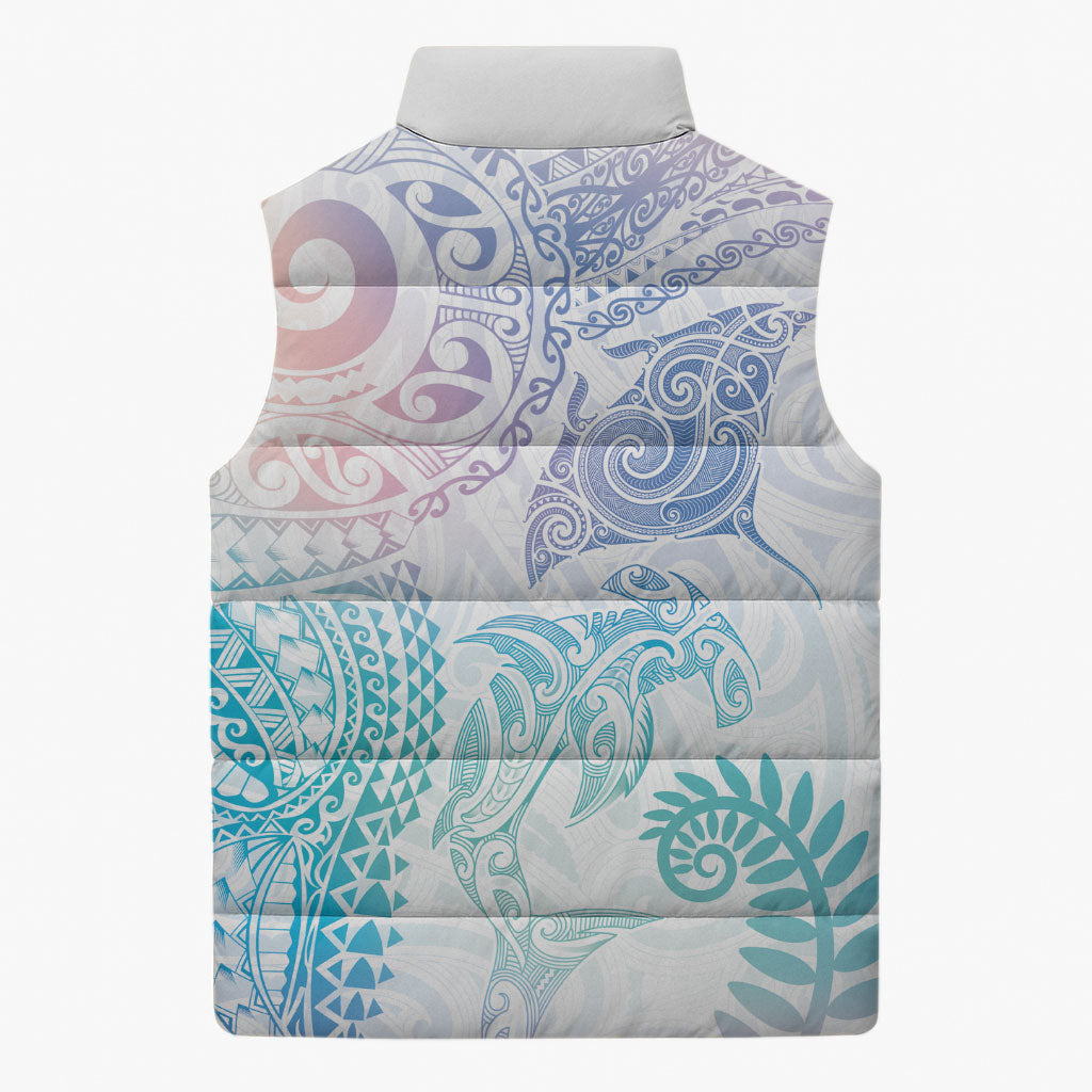 Aotearoa Maori Sea Animals Tribal Sleeveless Puffer Jacket Manta Ray and Shark Moko Pattern Sweet Pastel LT03 - Polynesian Pride