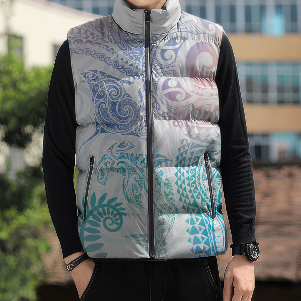 Aotearoa Maori Sea Animals Tribal Sleeveless Puffer Jacket Manta Ray and Shark Moko Pattern Sweet Pastel LT03 - Polynesian Pride