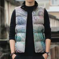 Aotearoa Maori Sea Animals Tribal Sleeveless Puffer Jacket Manta Ray and Shark Moko Pattern Sweet Pastel LT03 - Polynesian Pride
