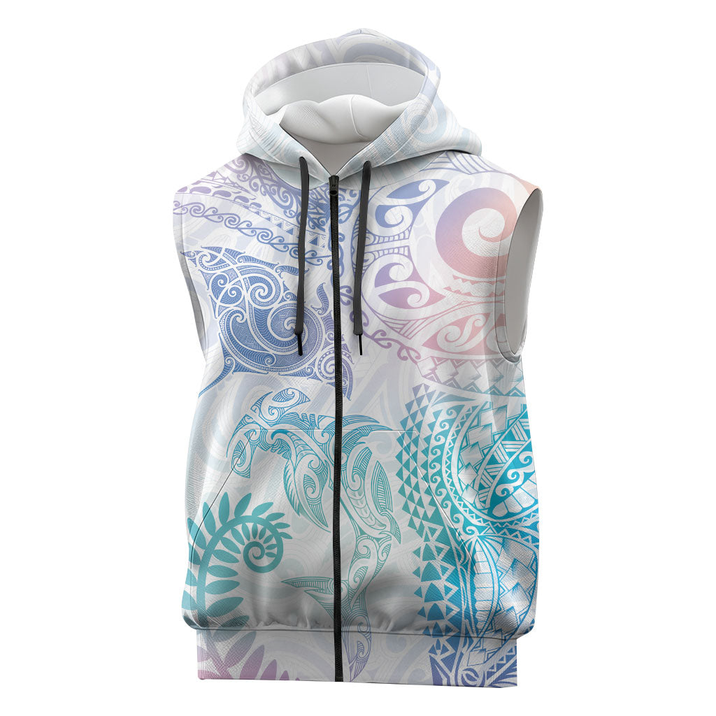 Aotearoa Maori Sea Animals Tribal Sleeveless Zip Hoodie Manta Ray and Shark Moko Pattern Sweet Pastel LT03 Multicolor - Polynesian Pride