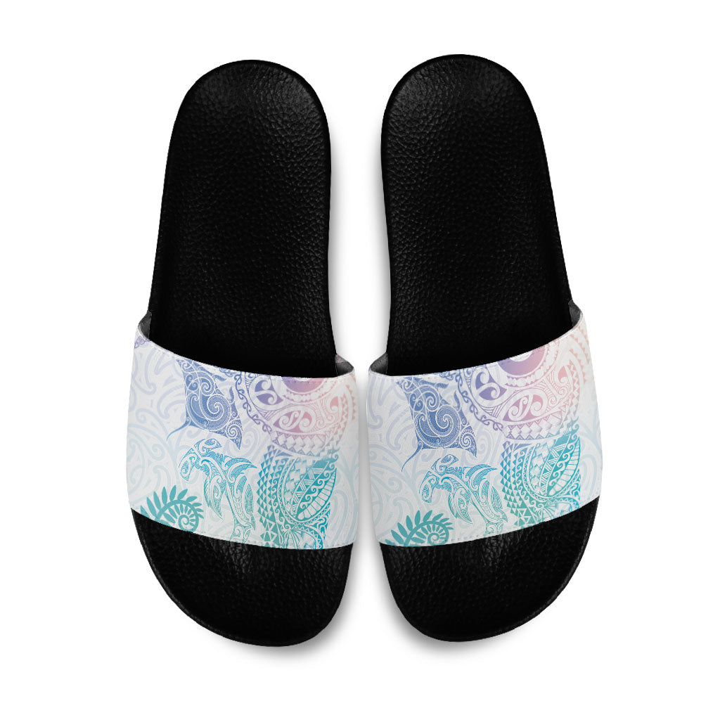 Aotearoa Maori Sea Animals Tribal Slide Sandals Manta Ray and Shark Moko Pattern Sweet Pastel LT03 Multicolor - Polynesian Pride