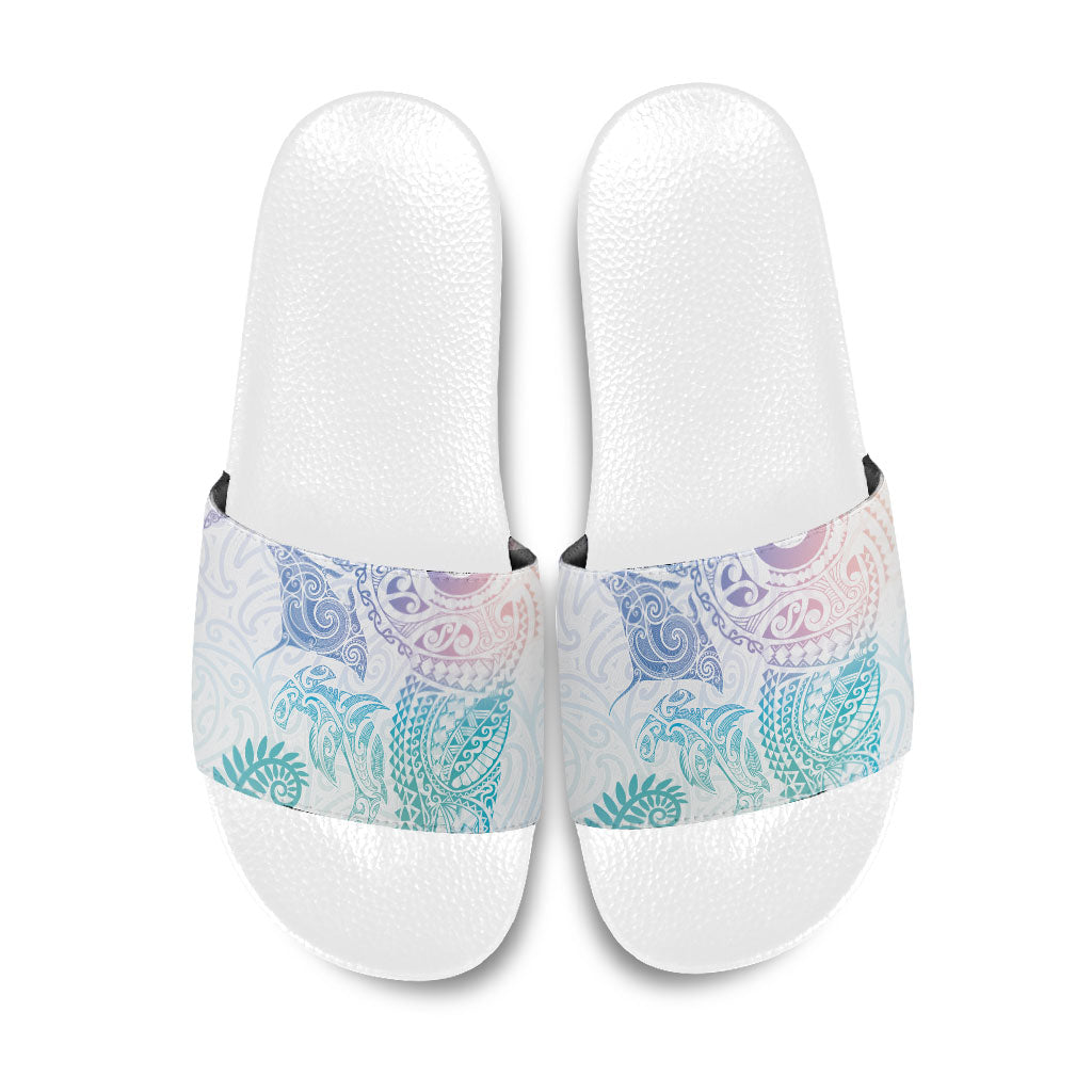Aotearoa Maori Sea Animals Tribal Slide Sandals Manta Ray and Shark Moko Pattern Sweet Pastel LT03 Multicolor - Polynesian Pride