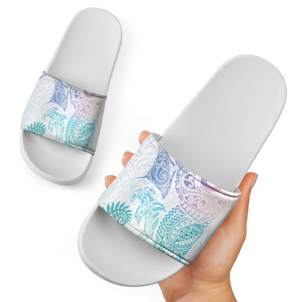 Aotearoa Maori Sea Animals Tribal Slide Sandals Manta Ray and Shark Moko Pattern Sweet Pastel LT03 - Polynesian Pride