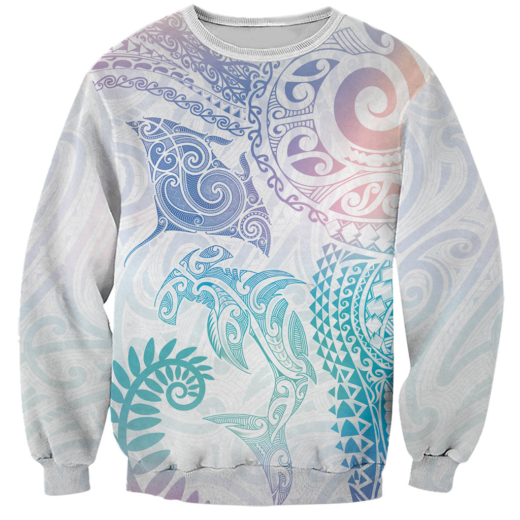 Aotearoa Maori Sea Animals Tribal Sweatshirt Manta Ray and Shark Moko Pattern Sweet Pastel