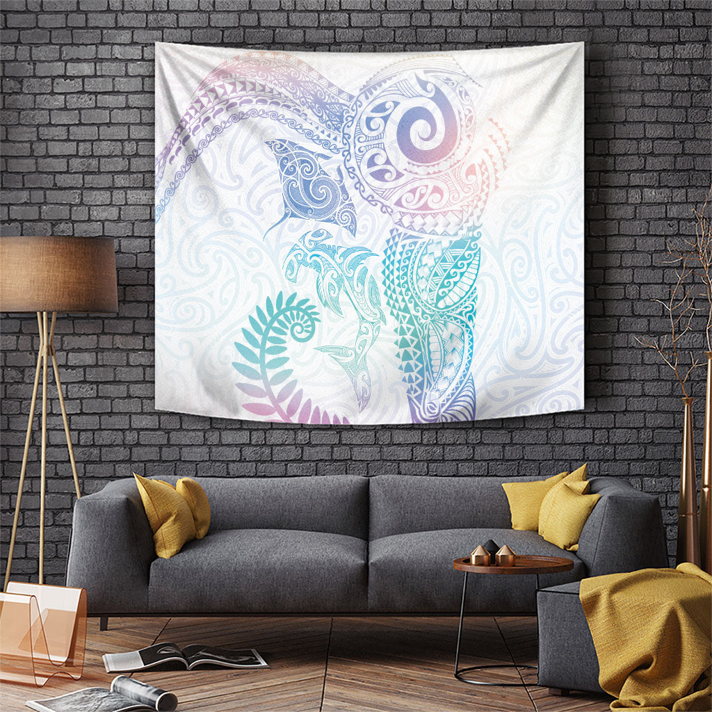 Aotearoa Maori Sea Animals Tribal Tapestry Manta Ray and Shark Moko Pattern Sweet Pastel LT03 Multicolor - Polynesian Pride