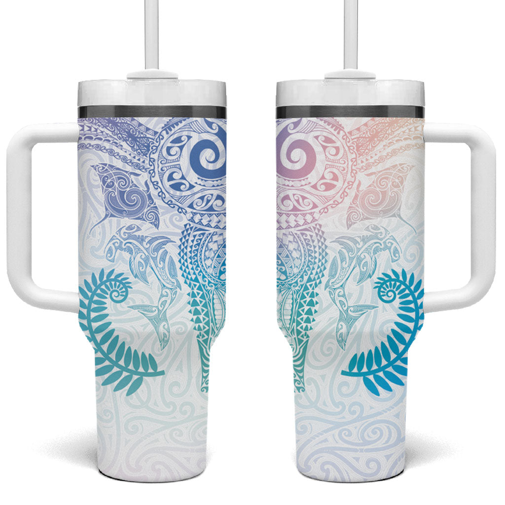 Aotearoa Maori Sea Animals Tribal Tumbler With Handle Manta Ray and Shark Moko Pattern Sweet Pastel LT03 One Size: 40 oz Multicolor - Polynesian Pride