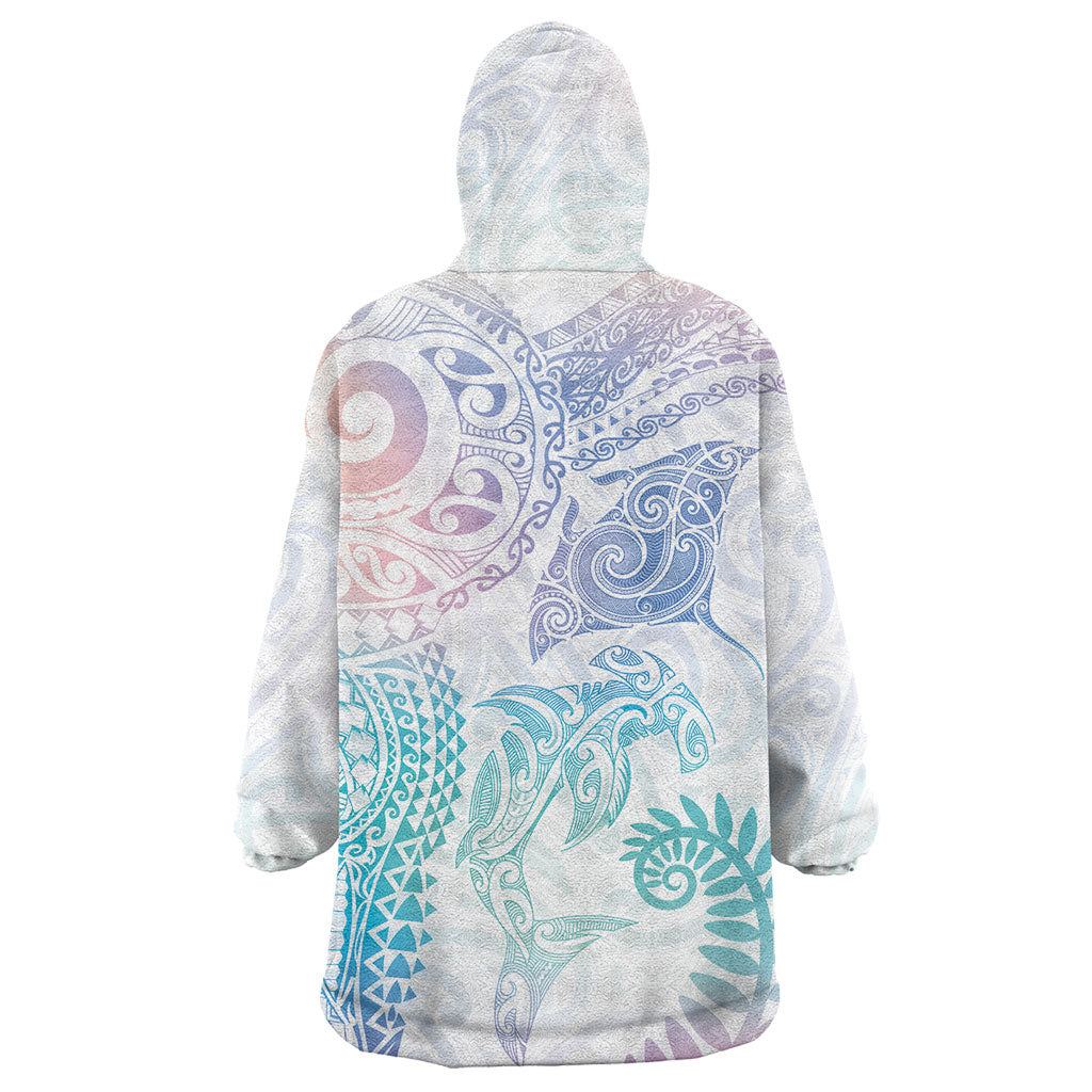 Aotearoa Maori Sea Animals Tribal Wearable Blanket Hoodie Manta Ray and Shark Moko Pattern Sweet Pastel LT03 - Polynesian Pride