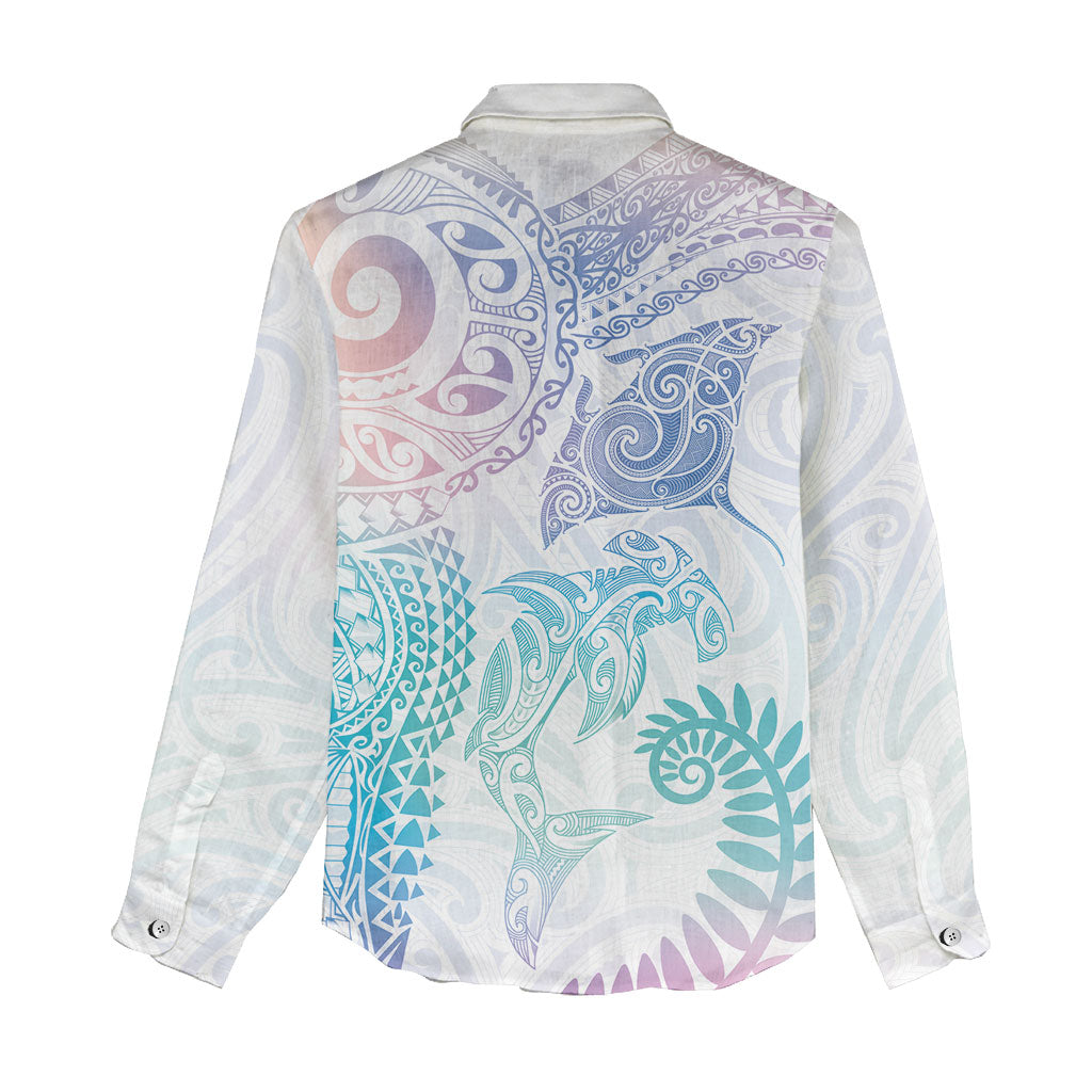 Aotearoa Maori Sea Animals Tribal Women Casual Shirt Manta Ray and Shark Moko Pattern Sweet Pastel LT03 - Polynesian Pride