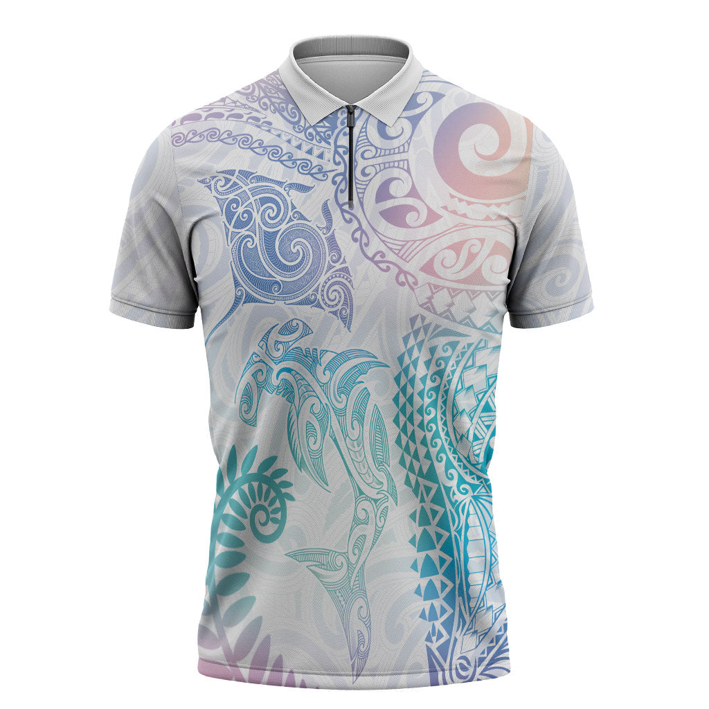 Aotearoa Maori Sea Animals Tribal Zipper Polo Shirt Manta Ray and Shark Moko Pattern Sweet Pastel LT03 Multicolor - Polynesian Pride