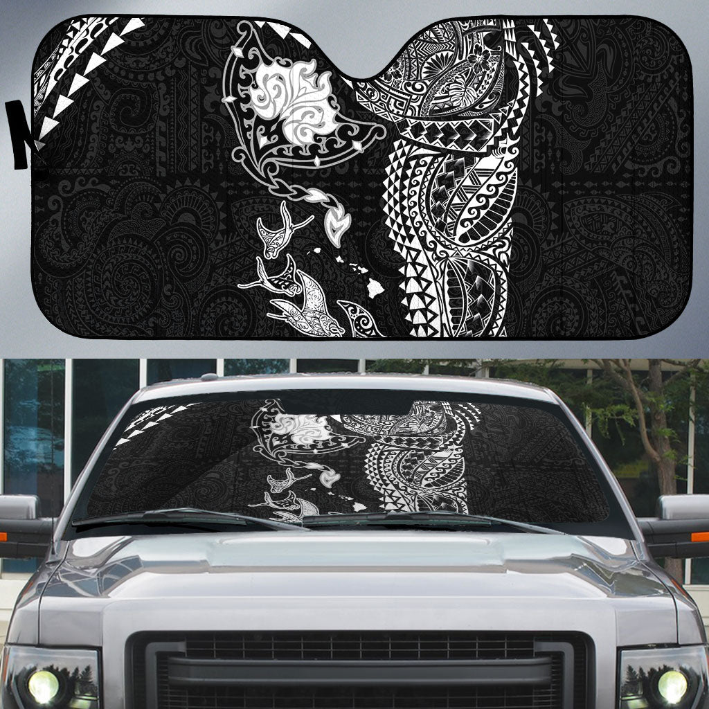 Hawaiian Manta Ray Tribal Auto Sun Shade Polynesian Art Motifs Black Color LT03 Black - Polynesian Pride