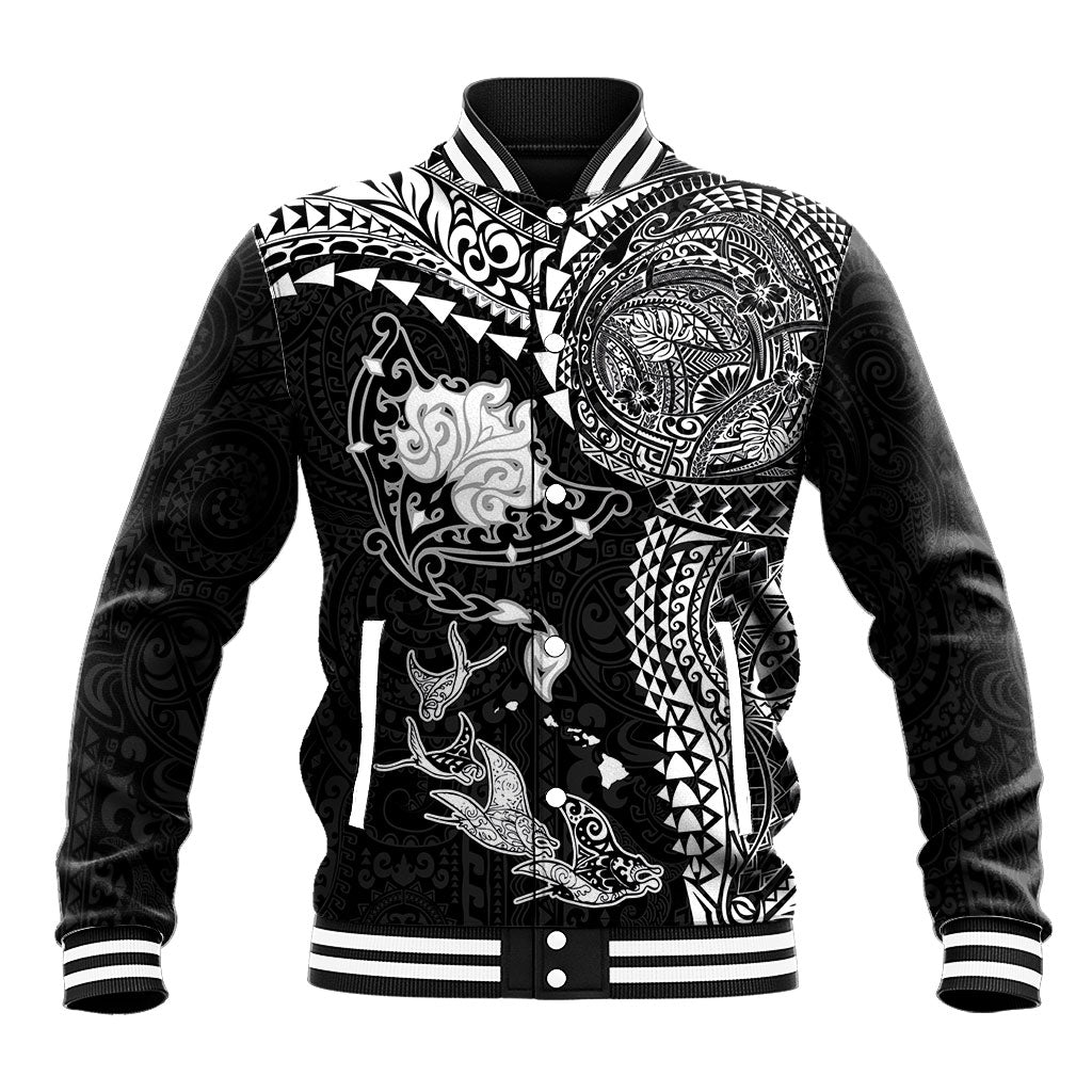 Hawaiian Manta Ray Tribal Baseball Jacket Polynesian Art Motifs Black Color